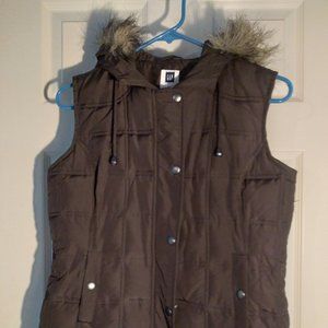 Gap Women's Puffer Vest with Faux Fur Hood - Brown - Size X-SMALL